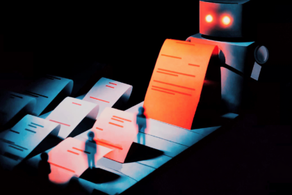 Paper craft illustration of a robot grading resumes on a conveyor belt representing AI job application screening