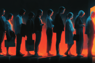 A job fair line with a server-rack-shaped shadow looming over it, illustrating the debate over AI's role in the weak jobs report.