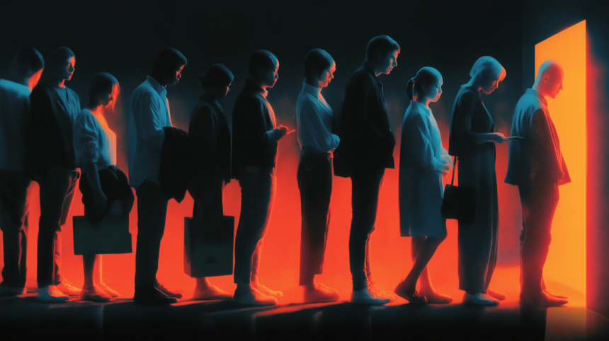 A job fair line with a server-rack-shaped shadow looming over it, illustrating the debate over AI's role in the weak jobs report.