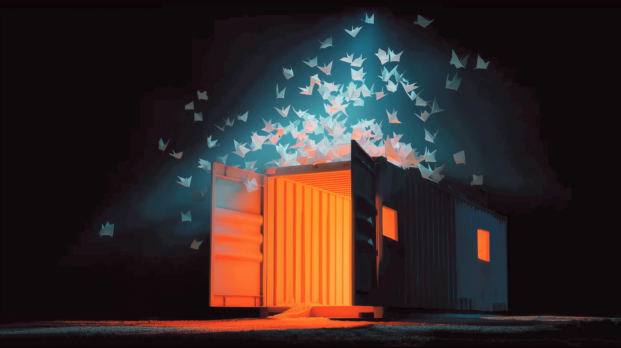Paper cut diorama of a shipping container releasing paper cranes toward small houses, illustrating open weight AI models reaching small developers.