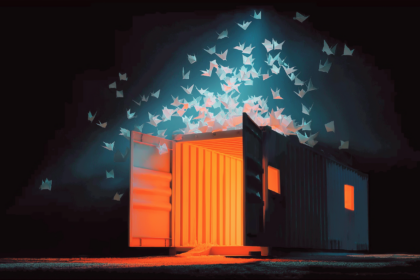 Paper cut diorama of a shipping container releasing paper cranes toward small houses, illustrating open weight AI models reaching small developers.