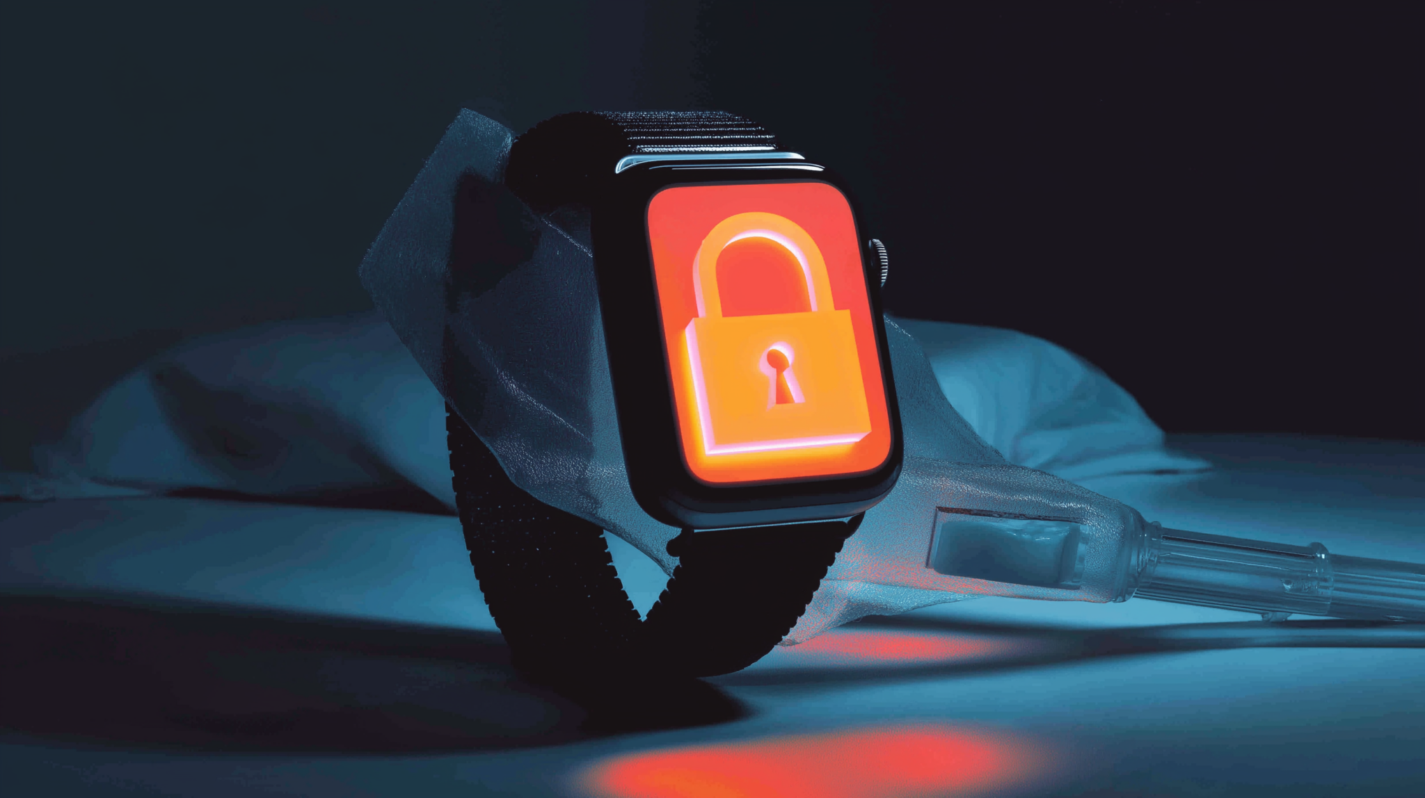 Smartwatch with padlock connected to a data drip line representing Samsung Health AI training consent