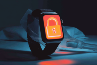 Smartwatch with padlock connected to a data drip line representing Samsung Health AI training consent