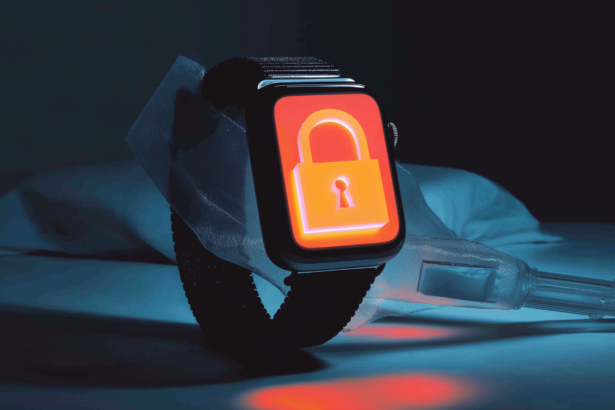 Smartwatch with padlock connected to a data drip line representing Samsung Health AI training consent