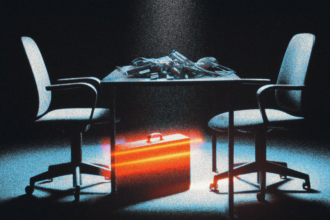 Open briefcase of hardware components on an interview table illustrating the Apple sues OpenAI trade secret lawsuit