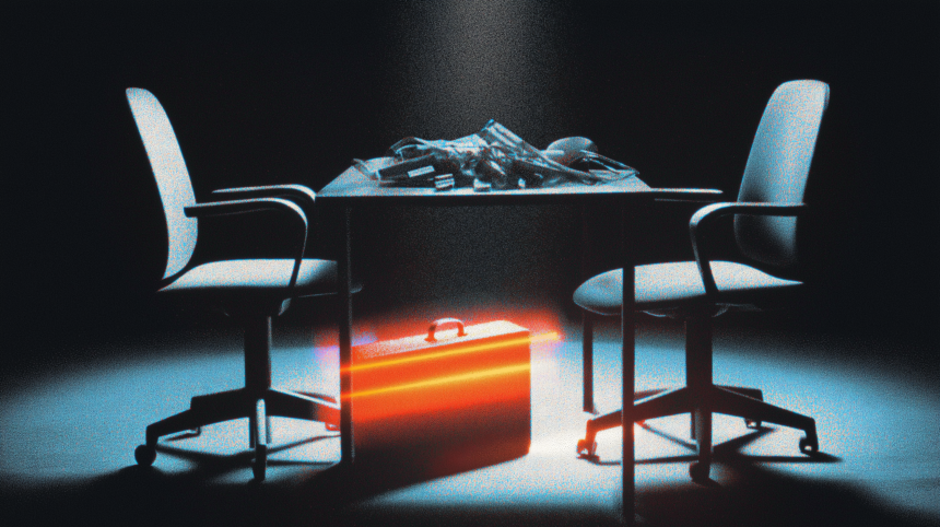 Open briefcase of hardware components on an interview table illustrating the Apple sues OpenAI trade secret lawsuit
