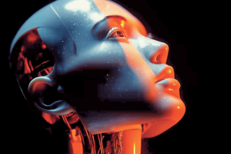 A humanoid robot face split between lifelike silicone skin and mechanical actuators, representing UBTECH's ultra-bionic UWORLD U1.