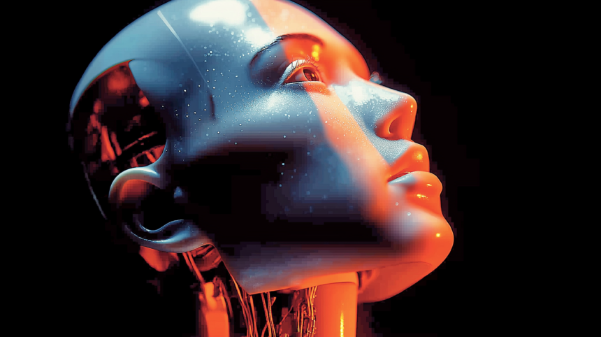 A humanoid robot face split between lifelike silicone skin and mechanical actuators, representing UBTECH's ultra-bionic UWORLD U1.
