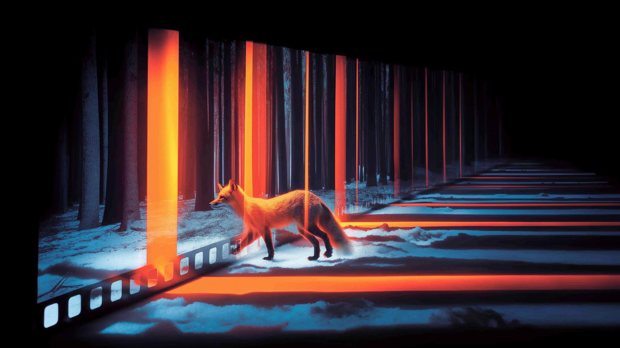 A 35mm contact strip on a lightbox showing twenty-two frames of a fox crossing snow, early frames soft and later ones sharp
