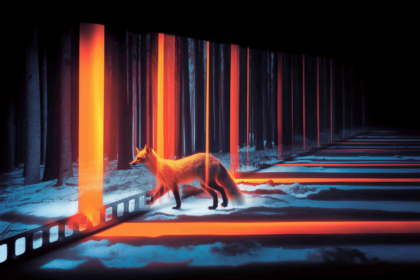 A 35mm contact strip on a lightbox showing twenty-two frames of a fox crossing snow, early frames soft and later ones sharp