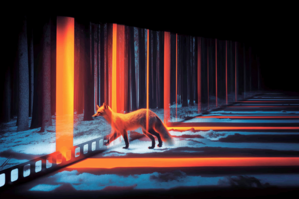 A 35mm contact strip on a lightbox showing twenty-two frames of a fox crossing snow, early frames soft and later ones sharp
