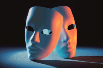 Two identical blank masks casting a single overlapping shadow, representing one agent operating two fake identities