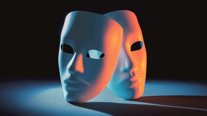 Two identical blank masks casting a single overlapping shadow, representing one agent operating two fake identities