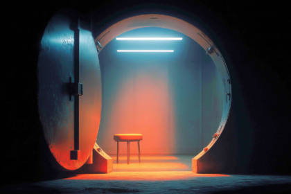An open vault door leading to a small bare room, representing a subaccount as the only boundary around an AI trading agent