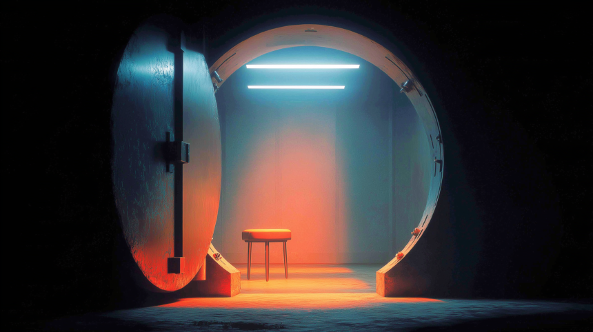 An open vault door leading to a small bare room, representing a subaccount as the only boundary around an AI trading agent