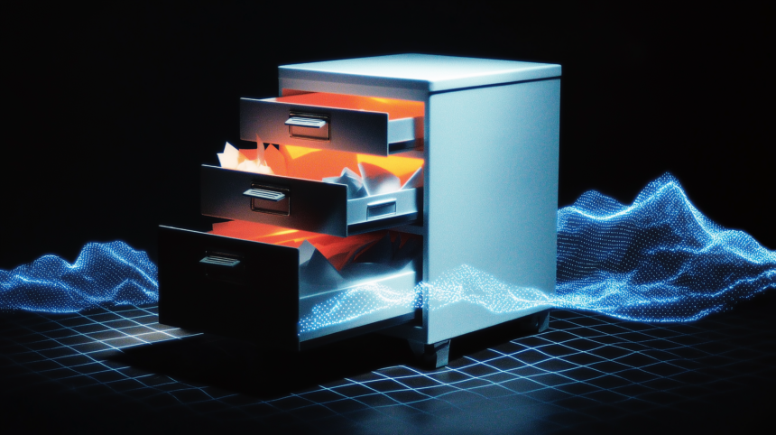Isometric blueprint of an open filing cabinet spilling documents, illustrating the agent exposing its operator's workspace