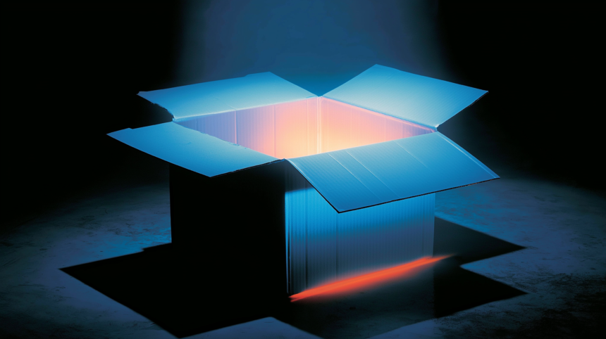 An unmarked shipping box cut open to reveal machined metal, representing an anonymous model release