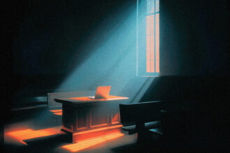 Empty courtroom jury box with a closed laptop, representing the first federal appeals ruling on AI agents