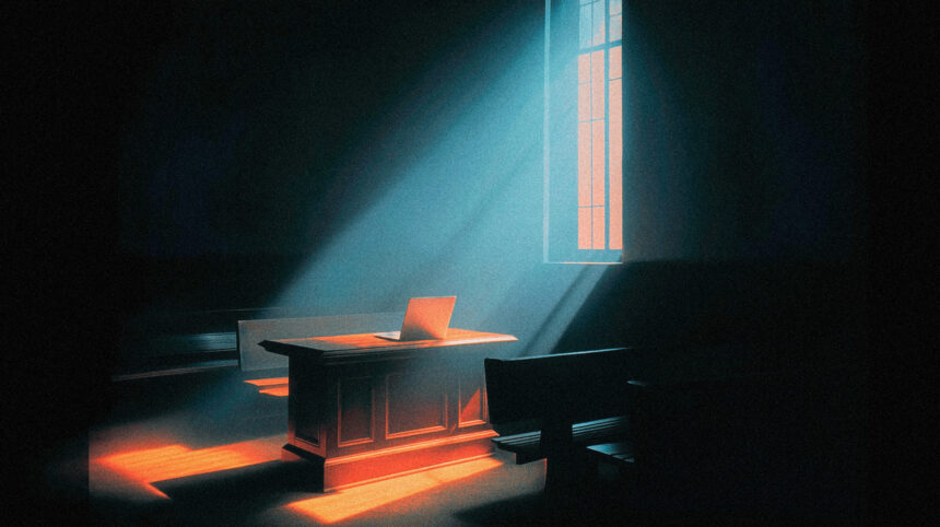 Empty courtroom jury box with a closed laptop, representing the first federal appeals ruling on AI agents