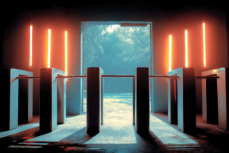 A locked security turnstile beside an open wall, illustrating a screening layer that was never the real barrier