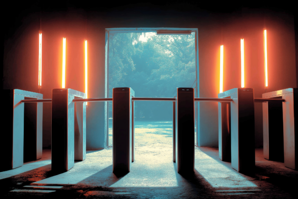 A locked security turnstile beside an open wall, illustrating a screening layer that was never the real barrier