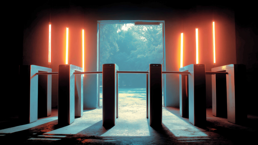 A locked security turnstile beside an open wall, illustrating a screening layer that was never the real barrier