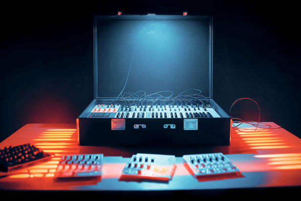 A modular synthesiser with every module removed and laid out separately, representing an agent runtime where every capability is a swappable plugin