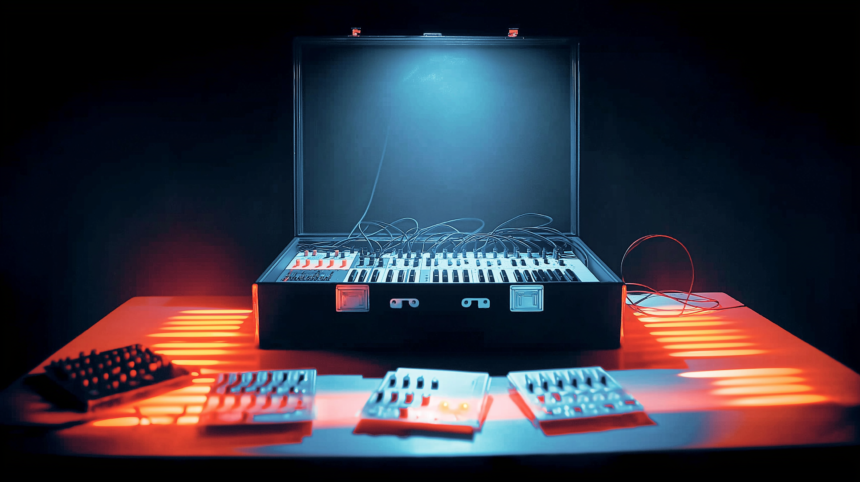 A modular synthesiser with every module removed and laid out separately, representing an agent runtime where every capability is a swappable plugin