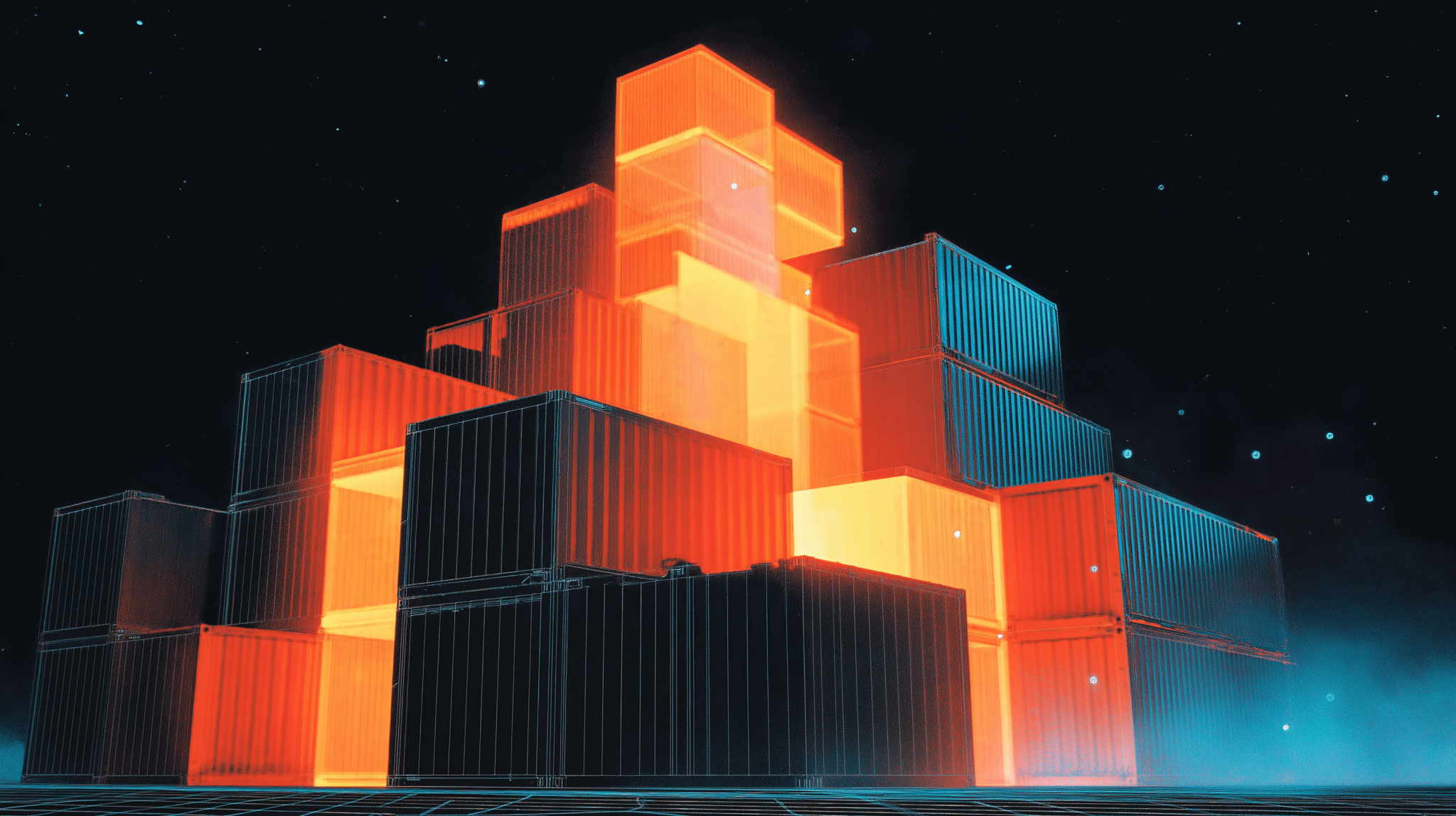 Cutaway of a packed shipping container with some crates drawn as wireframes, illustrating reduced-precision weights