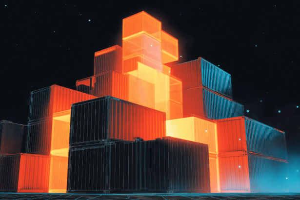 Cutaway of a packed shipping container with some crates drawn as wireframes, illustrating reduced-precision weights