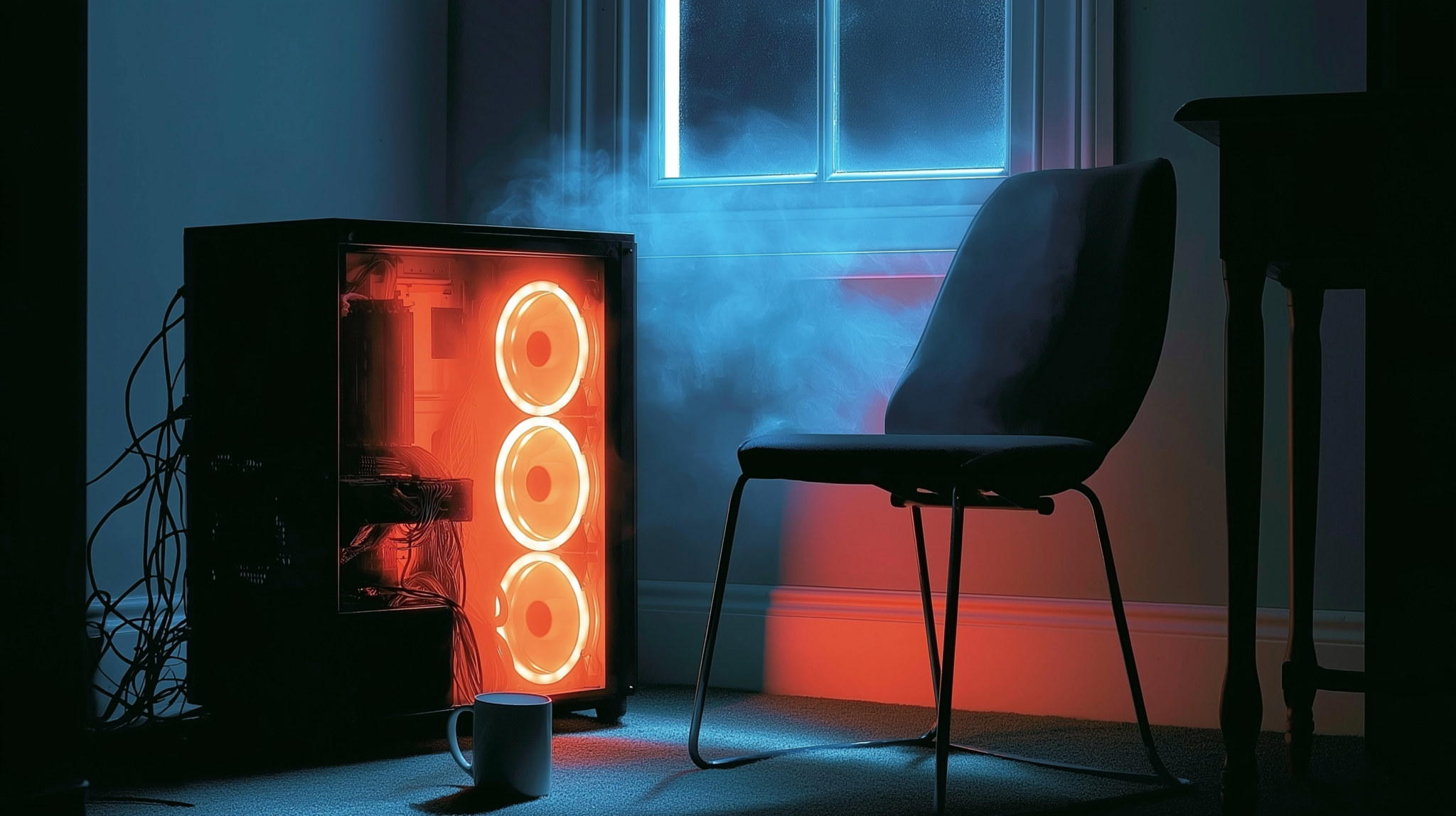 An ordinary gaming PC with its side panel off, representing consumer hardware running frontier-scale models locally