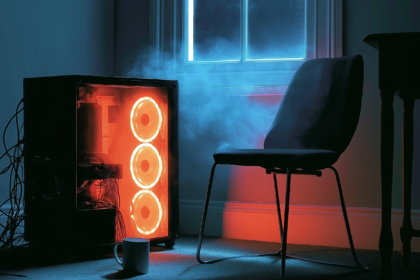An ordinary gaming PC with its side panel off, representing consumer hardware running frontier-scale models locally