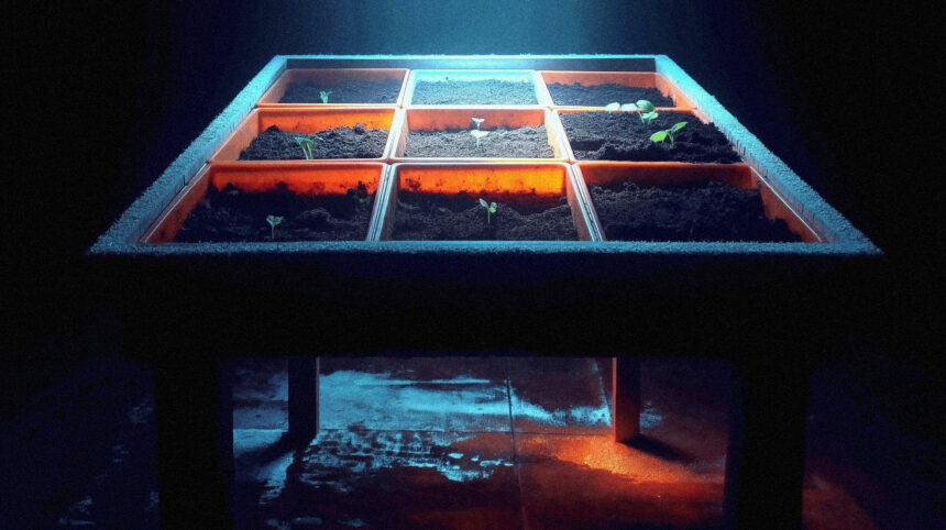 Looking down through a frosted cold frame lid at seed trays where a few cells show new growth