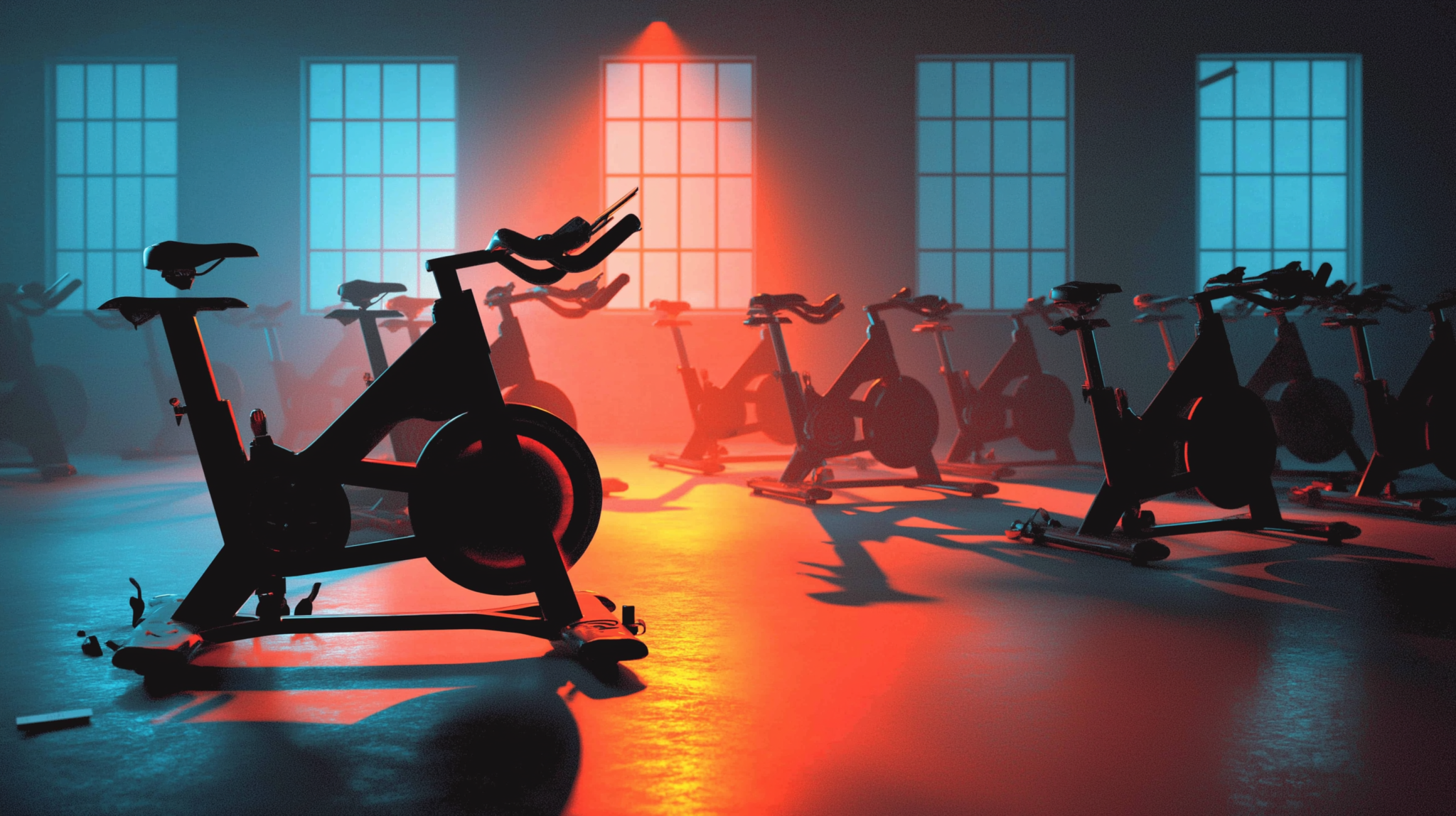 An empty gym studio before dawn with a reservation card knocked to the floor beside one bike