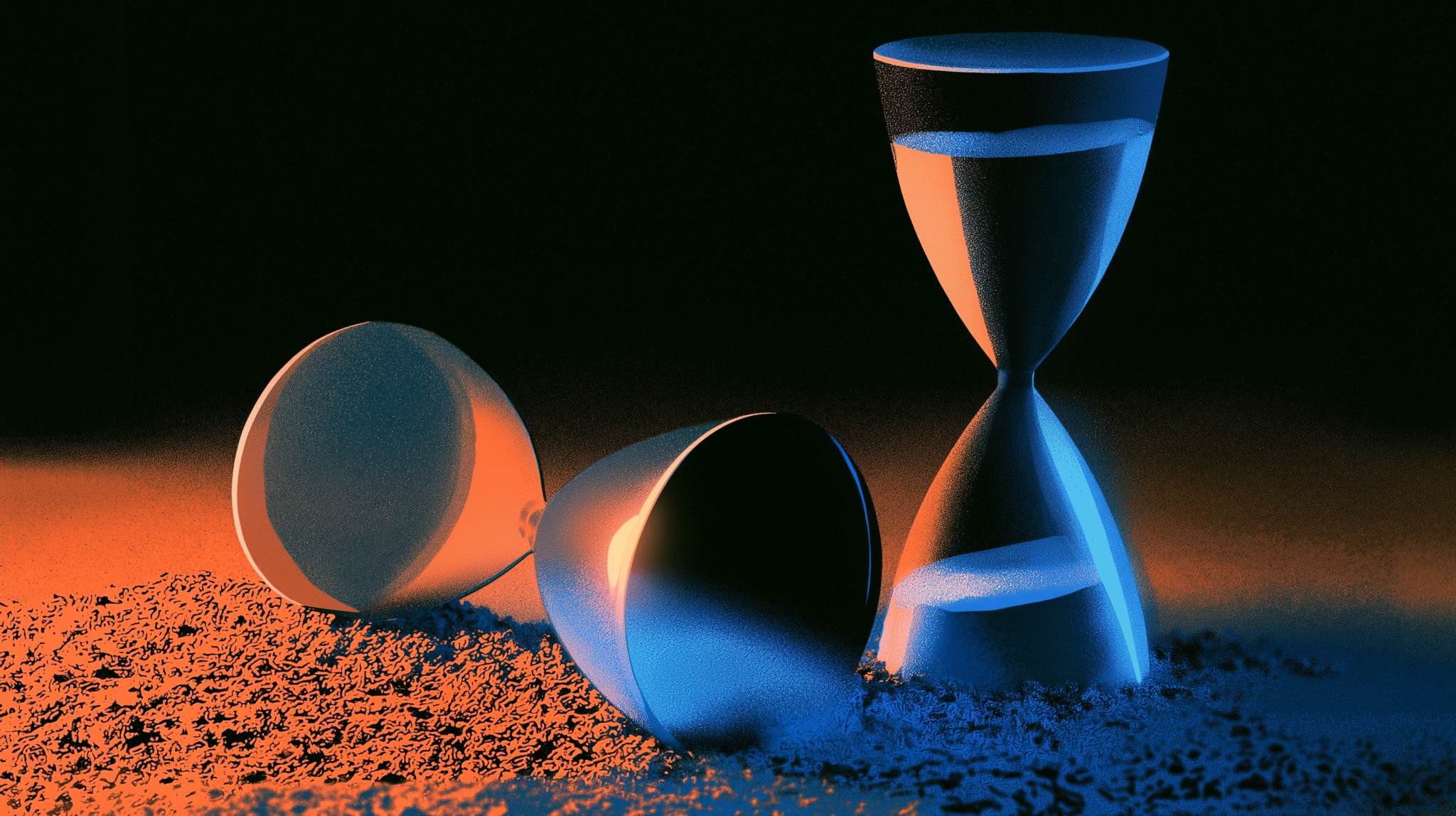 Two hourglasses, one upright and running and one lying spent, illustrating a limit removed and then restored