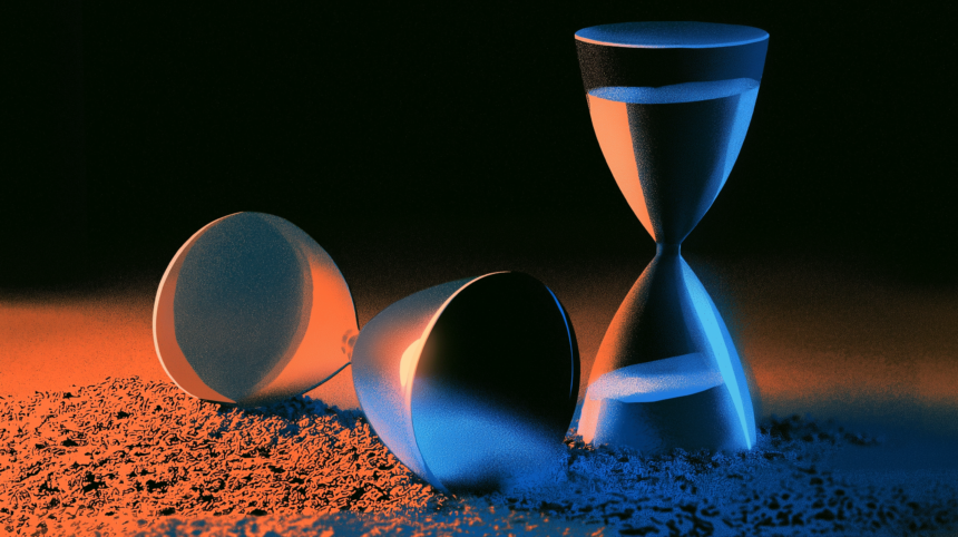 Two hourglasses, one upright and running and one lying spent, illustrating a limit removed and then restored