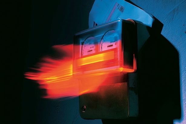A domestic electricity meter spinning fast with a bill tucked behind it, representing a metered service billing incorrectly