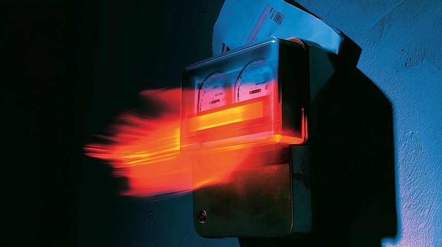 A domestic electricity meter spinning fast with a bill tucked behind it, representing a metered service billing incorrectly
