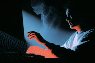 Unity game development workstation with a wireframe character model lit in cool blue