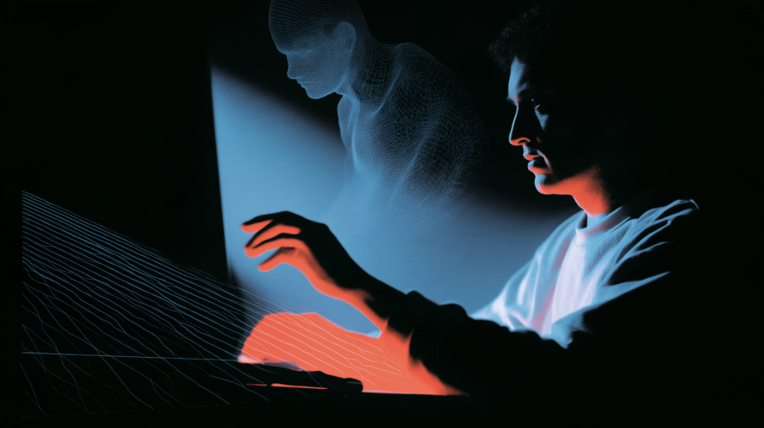 Unity game development workstation with a wireframe character model lit in cool blue