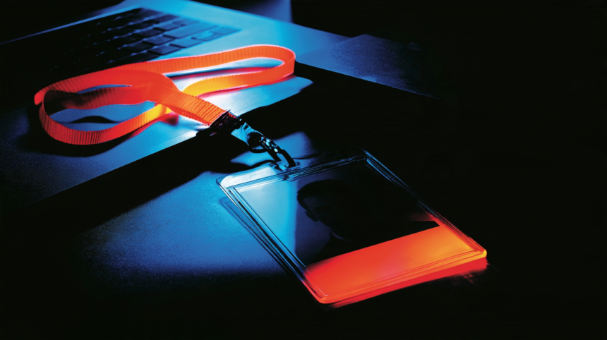 School ID badge on a desk beside a laptop, representing the verification requirement