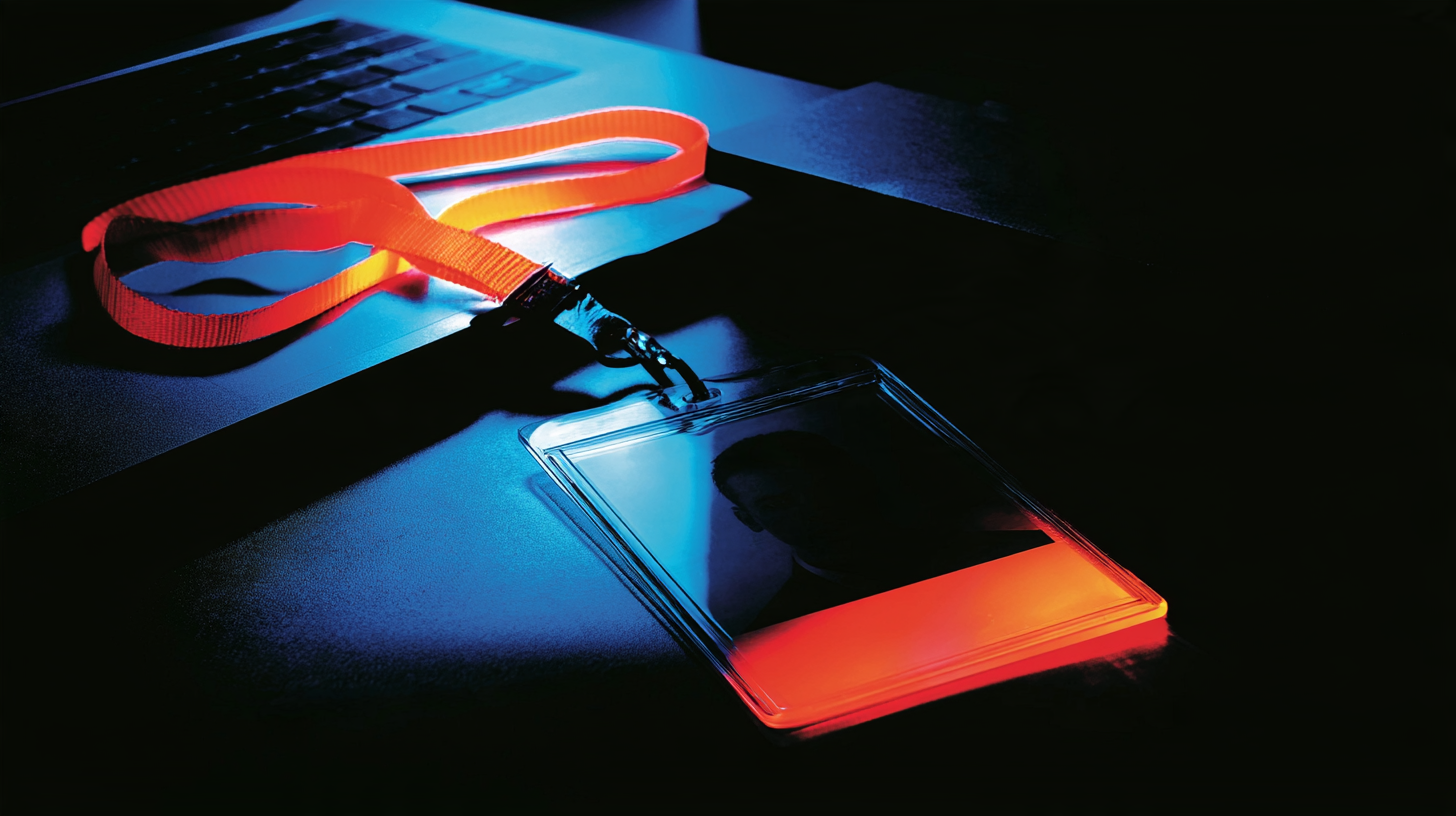 School ID badge on a desk beside a laptop, representing the verification requirement