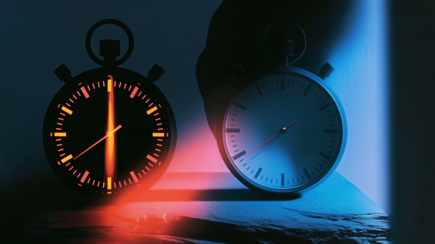 Two stopwatches showing different elapsed times, representing the same task run through different harnesses