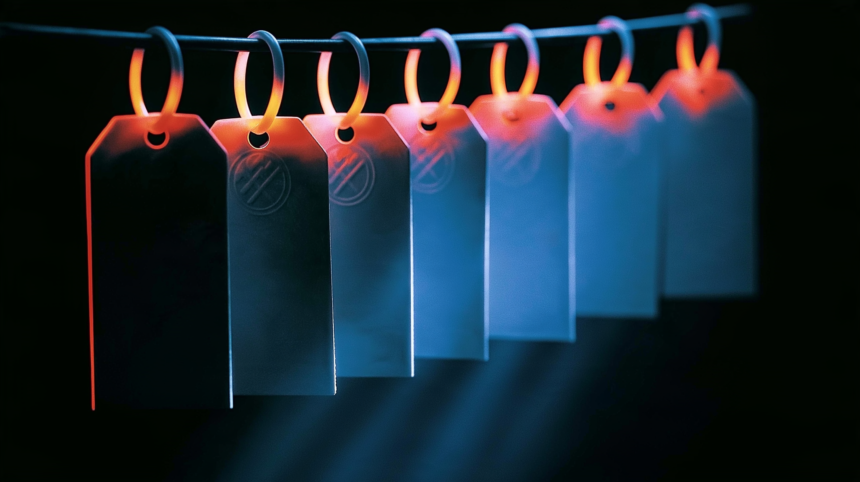 Seven hanging tags with five sharing a mark, representing five of seven repos built on one model