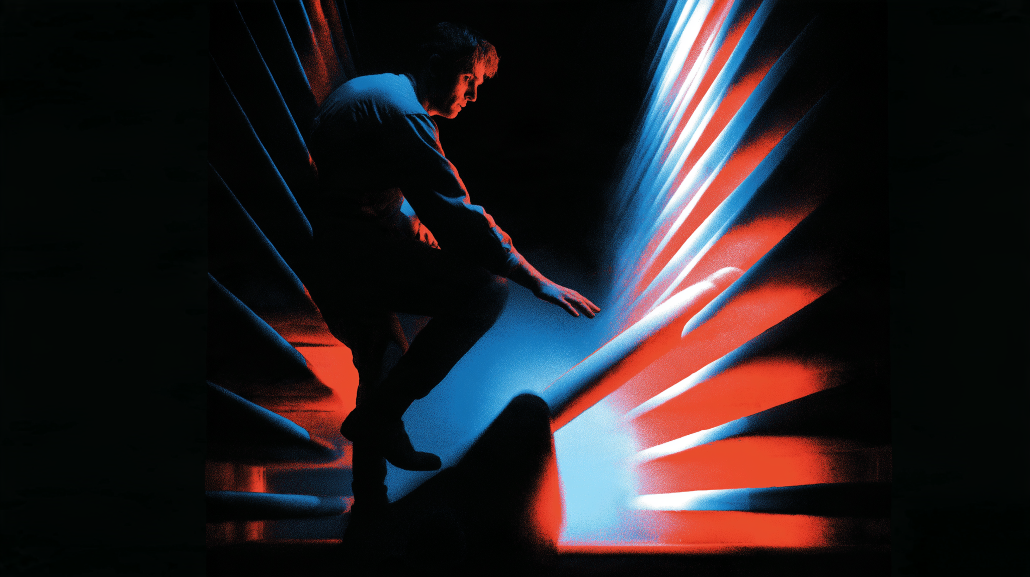 Risograph illustration of a technician adjusting wind tunnel baffles around an untouched central object