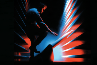 Risograph illustration of a technician adjusting wind tunnel baffles around an untouched central object
