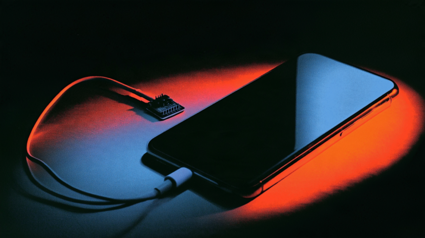 Risograph illustration of a thumbnail-sized circuit board cabled to a phone lying on a workbench