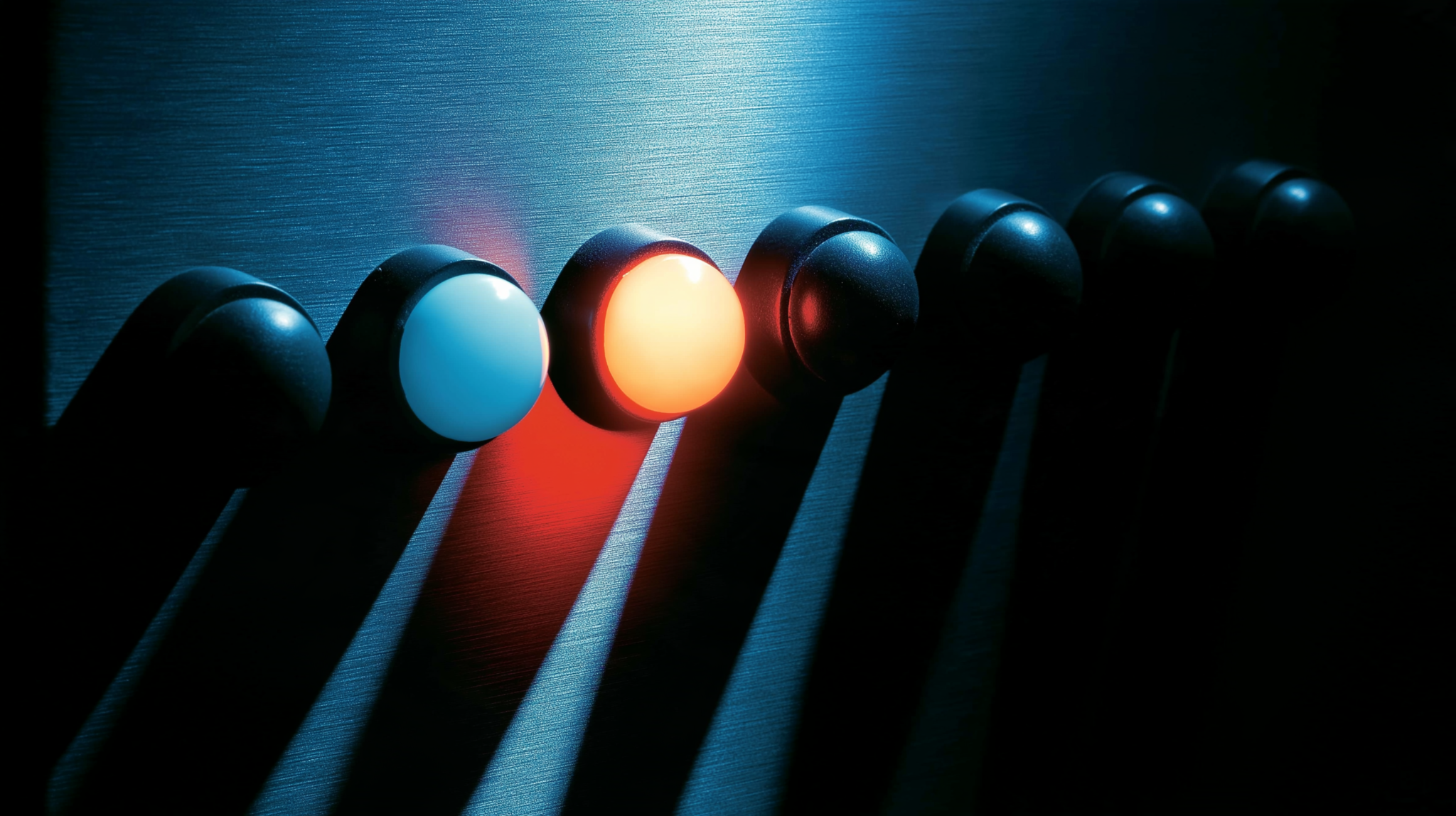 Eight indicator lamps on a metal panel with only two of them lit.