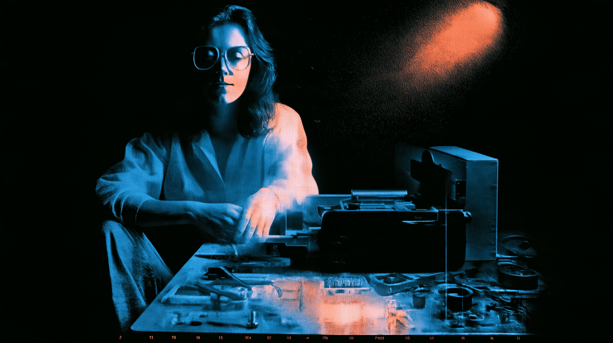 Risograph illustration of a technician at a bench with a disassembled machine laid out in labelled parts