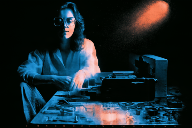 Risograph illustration of a technician at a bench with a disassembled machine laid out in labelled parts